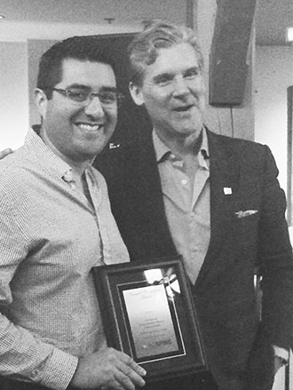 Dr. Rodrigo Navarro-Ramirez (left) receives the award for Best Basic Research Oral Presentation from Dr. Michael Fehlings, president of AO Spine North America Dr. Rodrigo Navarro-Ramirez (left) receives the award for Best Basic Research Oral Presentation from Dr. Michael Fehlings, president of AO Spine North America