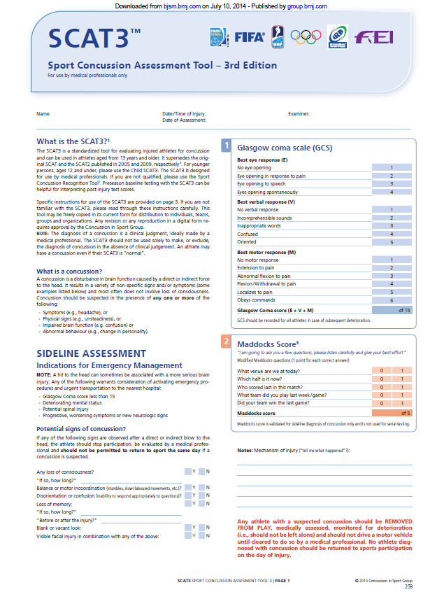 SCAT3 (Adult Sport Concussion Assessment Tool 3)