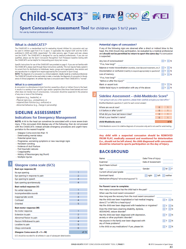 SCAT3 (Child Sport Concussion Assessment Tool 3)