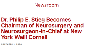 The November 1, 2000, news item announcing Dr Philip Stieg as neurosurgeon-in-chief